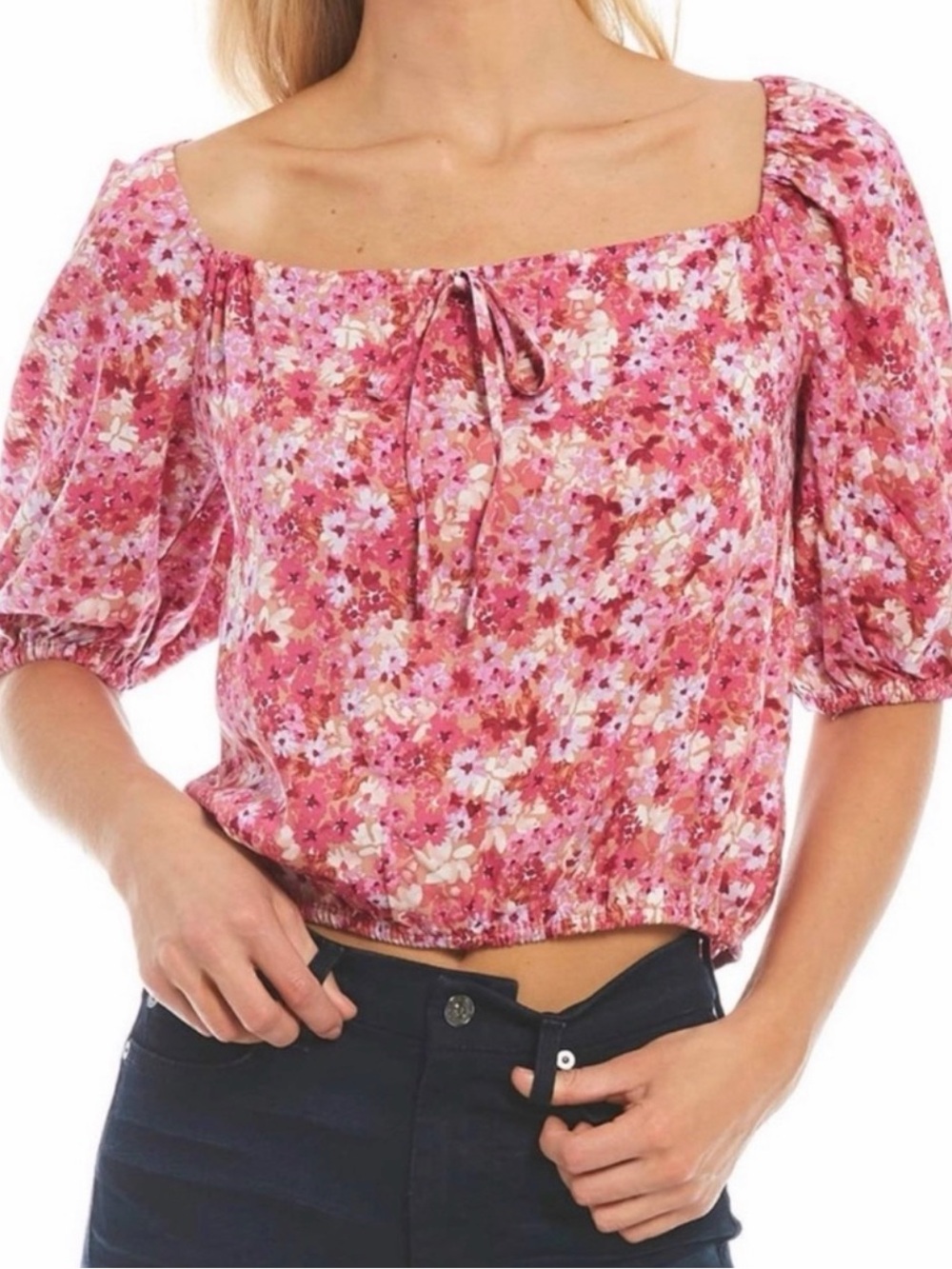Sanctuary Floral Pink Square-Neck Puff Sleeve Top